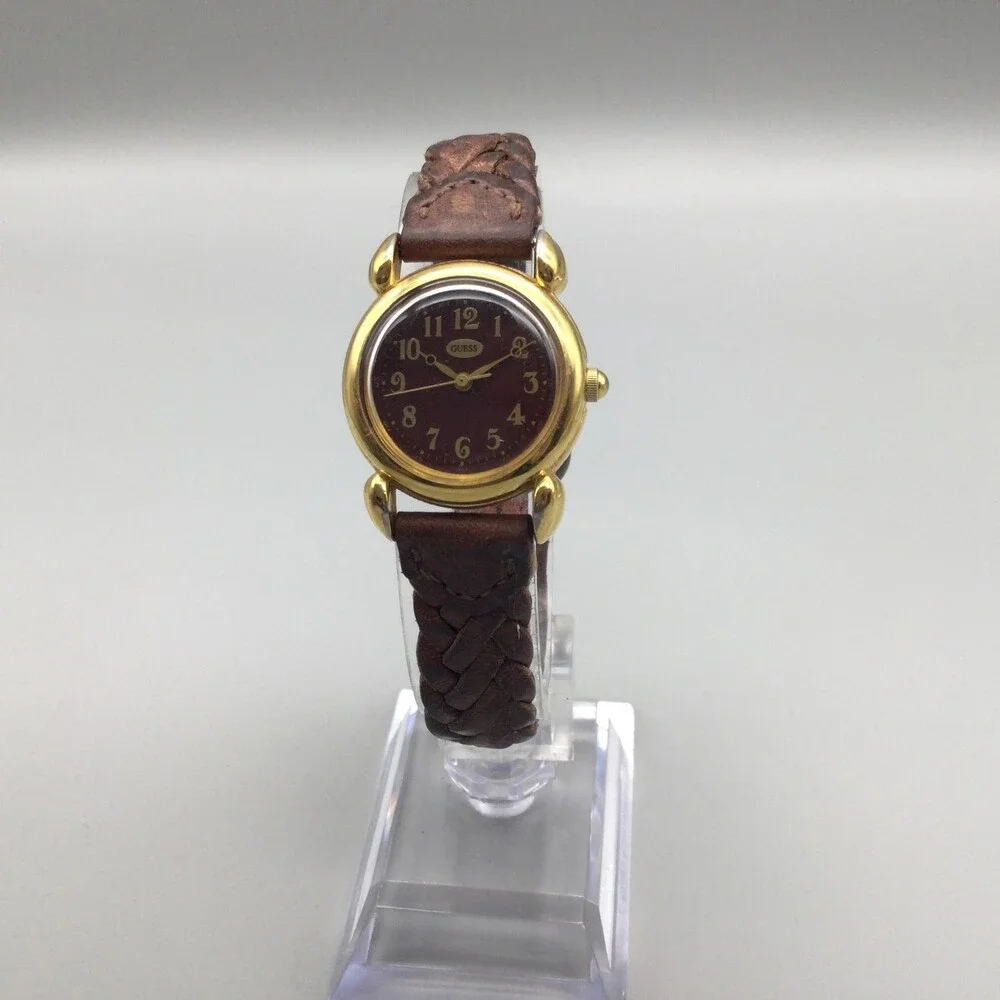 Vintage Guess Womens Watch 24mm Brown Dial Gold Tone Braided Leather New Battery